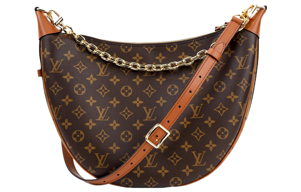 LOUIS VUITTON Loop HOBO Classic Monogram All-Over Print Logo Chain Canvas Shoulder/Crossbody Bag (Pea/Moon Bag Style) - Large Size, for Women, Brown