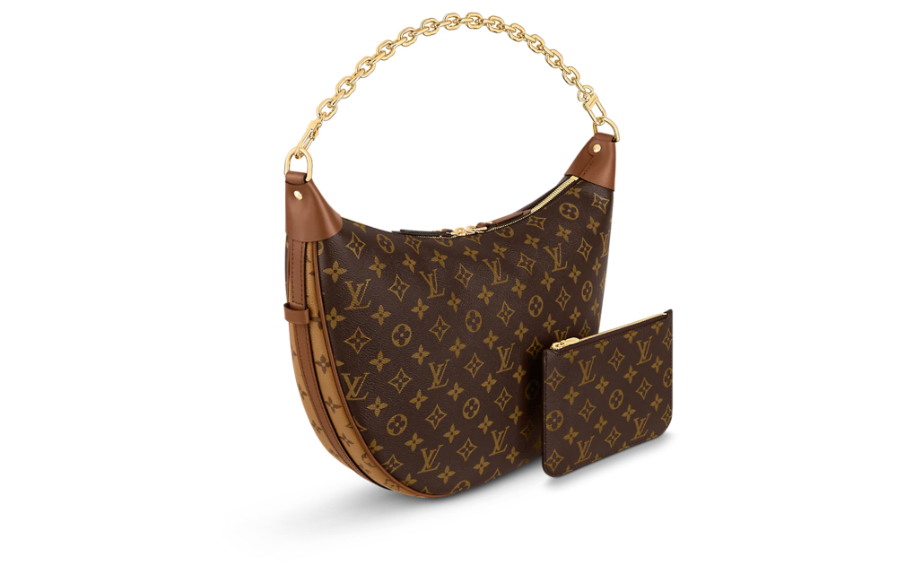 LOUIS VUITTON Loop HOBO Classic Monogram All-Over Print Logo Chain Canvas Shoulder/Crossbody Bag (Pea/Moon Bag Style) - Large Size, for Women, Brown