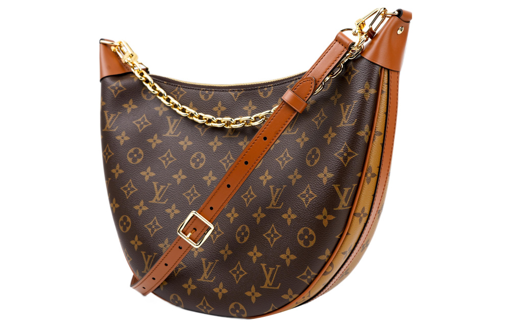 LOUIS VUITTON Loop HOBO Classic Monogram All-Over Print Logo Chain Canvas Shoulder/Crossbody Bag (Pea/Moon Bag Style) - Large Size, for Women, Brown