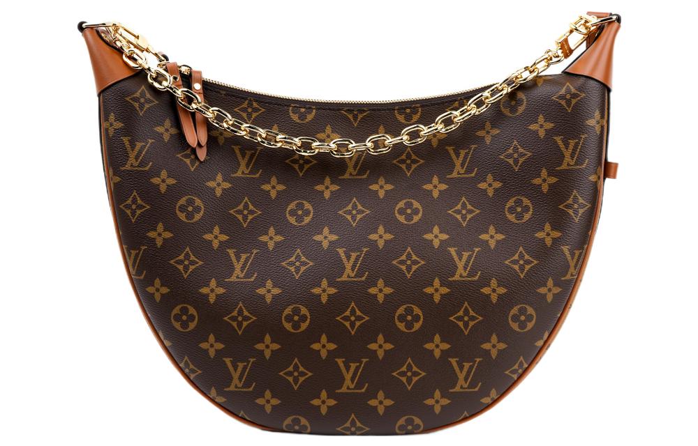 LOUIS VUITTON Loop HOBO Classic Monogram All-Over Print Logo Chain Canvas Shoulder/Crossbody Bag (Pea/Moon Bag Style) - Large Size, for Women, Brown