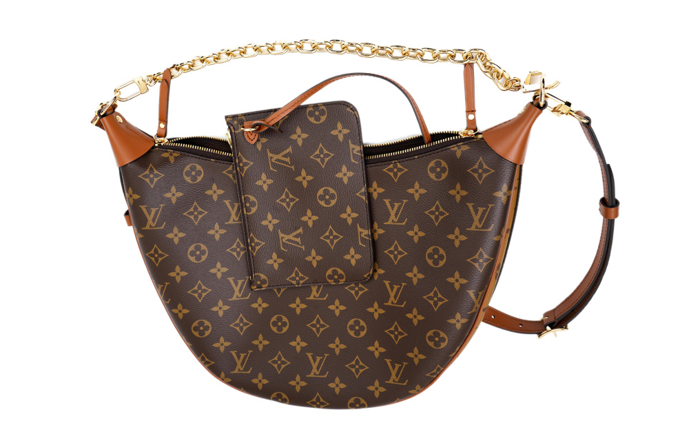 LOUIS VUITTON Loop HOBO Classic Monogram All-Over Print Logo Chain Canvas Shoulder/Crossbody Bag (Pea/Moon Bag Style) - Large Size, for Women, Brown