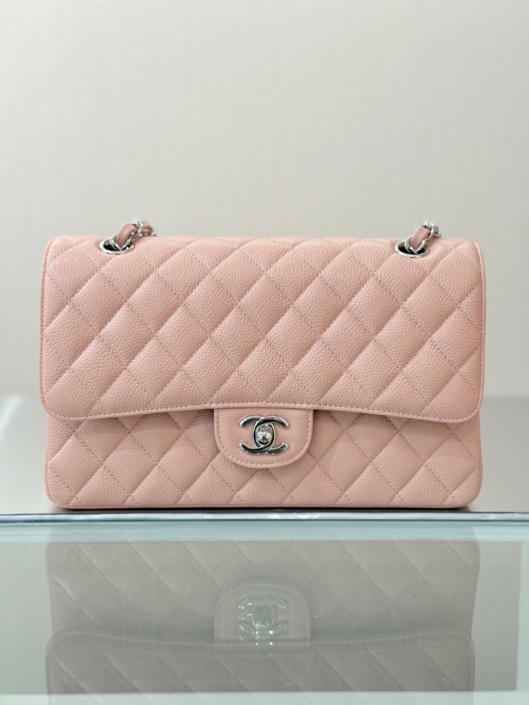 CHANEL Classic Flap (CF) leather crossbody/shoulder bag, medium size, women's, black, with classic quilted leather and chain strap.