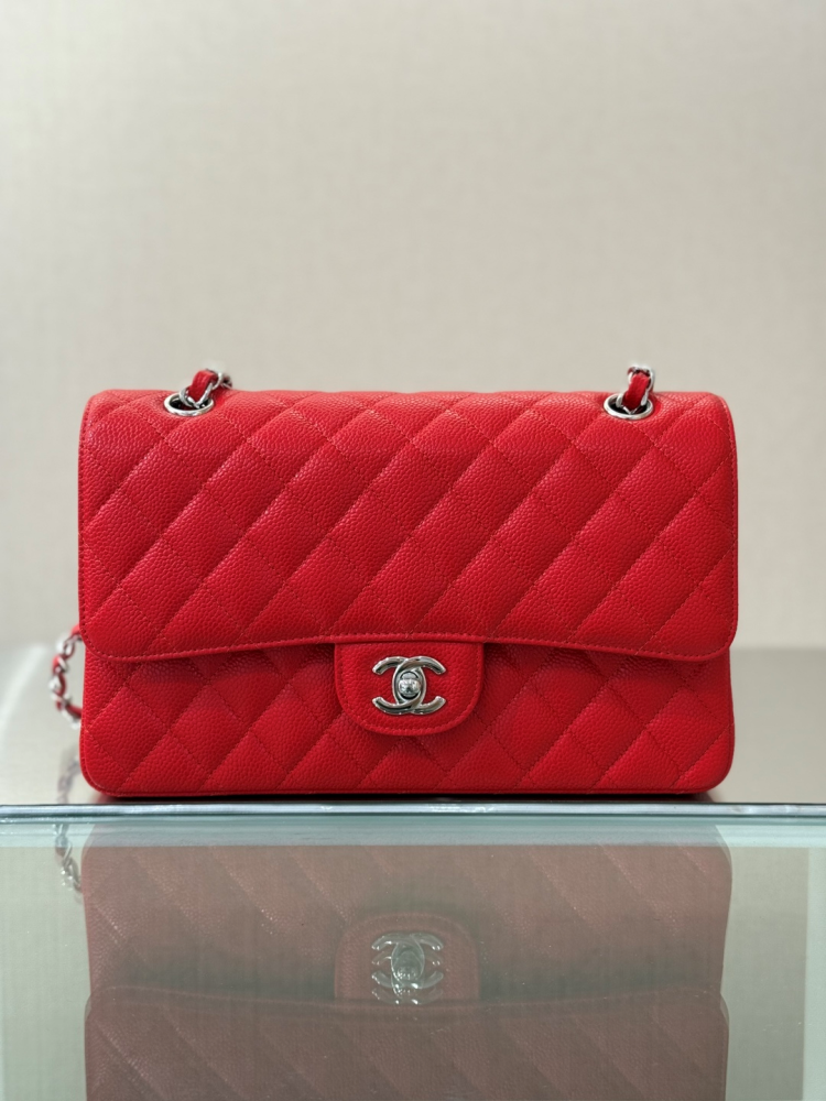 CHANEL Classic Flap (CF) leather crossbody/shoulder bag, medium size, women's, black, with classic quilted leather and chain strap.