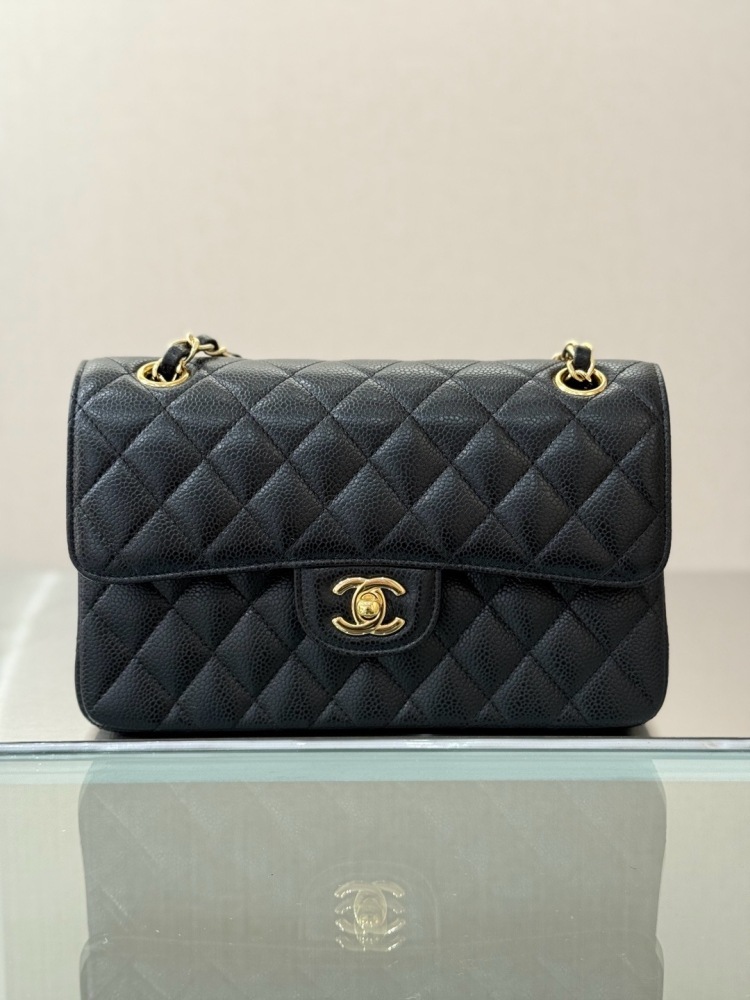 CHANEL Classic Flap (CF) leather crossbody/shoulder bag, medium size, women's, black, with classic quilted leather and chain strap.