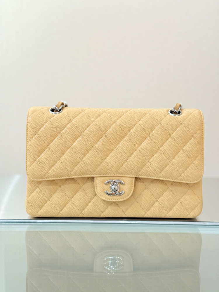 CHANEL Classic Flap (CF) leather crossbody/shoulder bag, medium size, women's, black, with classic quilted leather and chain strap.