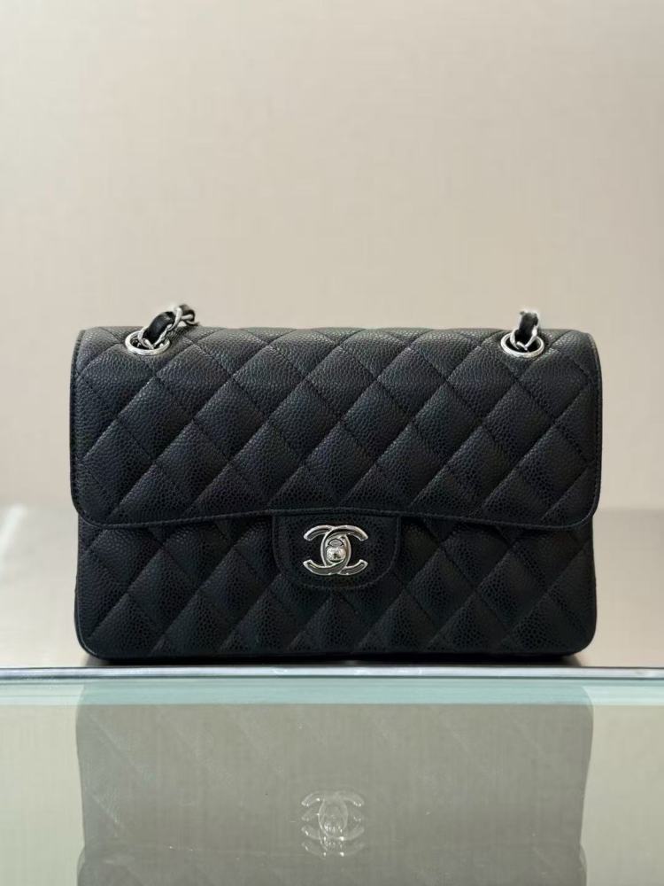 CHANEL Classic Flap (CF) leather crossbody/shoulder bag, medium size, women's, black, with classic quilted leather and chain strap.