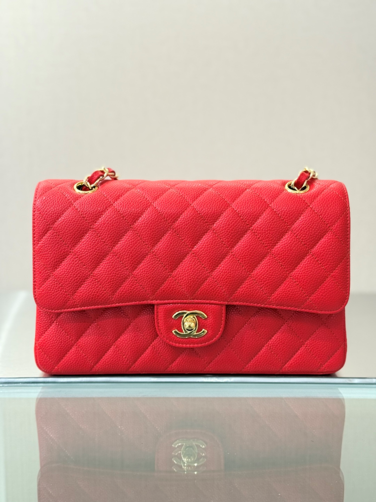 CHANEL Classic Flap (CF) leather crossbody/shoulder bag, medium size, women's, black, with classic quilted leather and chain strap.
