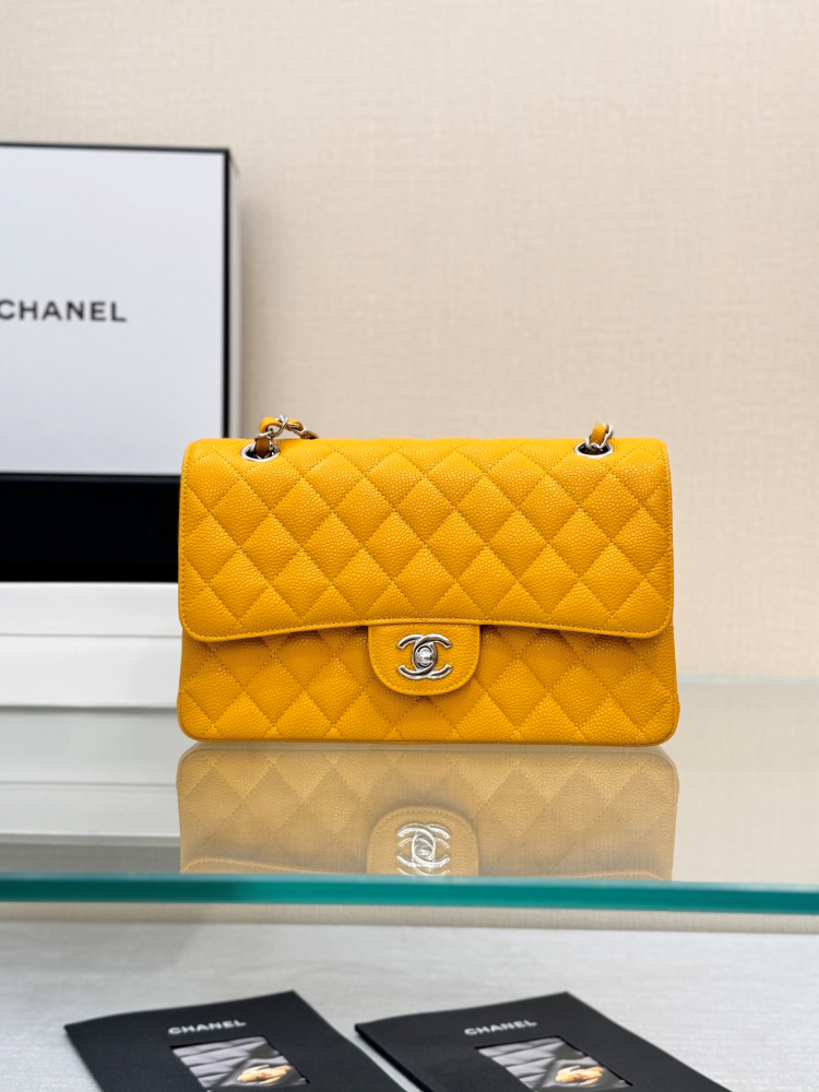 CHANEL Classic Flap (CF) leather crossbody/shoulder bag, medium size, women's, black, with classic quilted leather and chain strap.