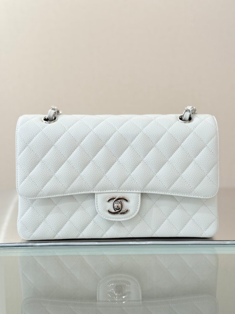 CHANEL Classic Flap (CF) leather crossbody/shoulder bag, medium size, women's, black, with classic quilted leather and chain strap.