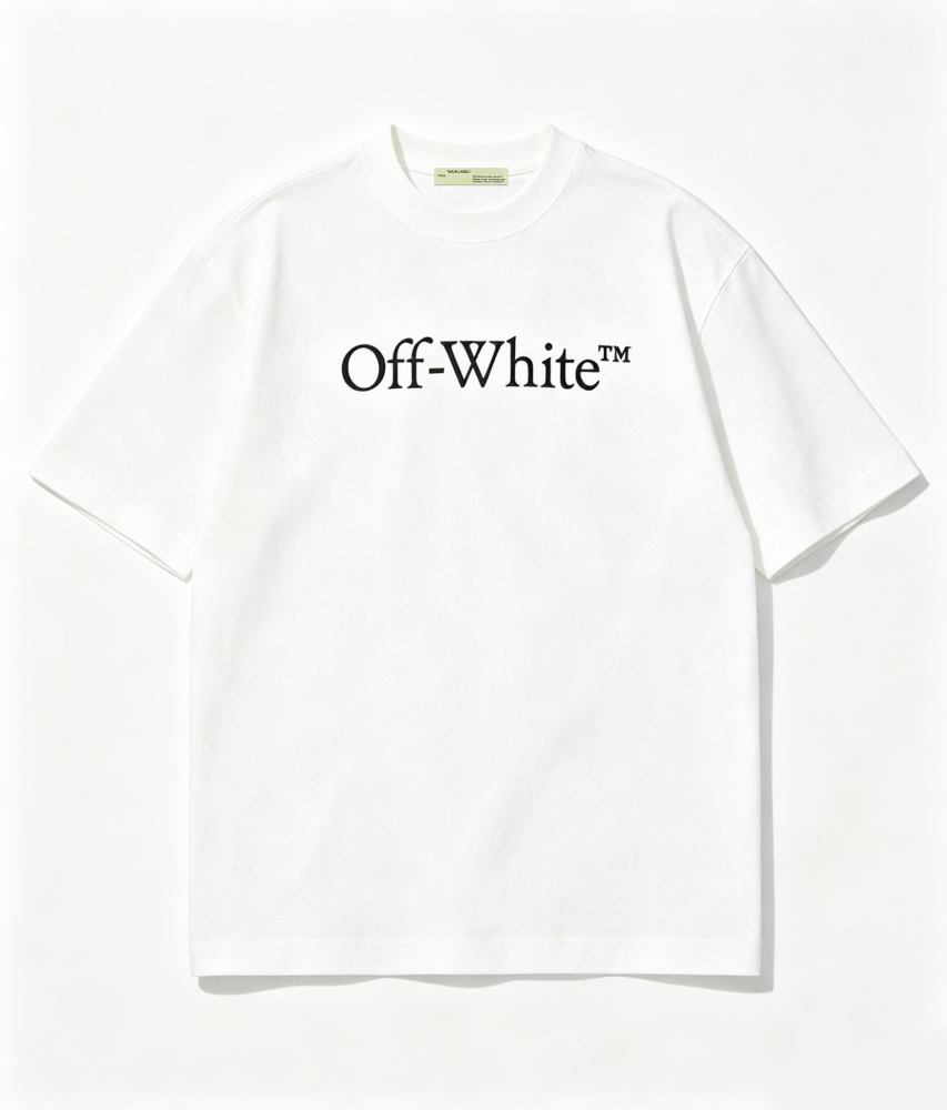 OFF-WHITE™ UV-Reactive Embroidered Back Print T-Shirt – Premium Cotton Streetwear Tee (White, Black & Light Olive Green)