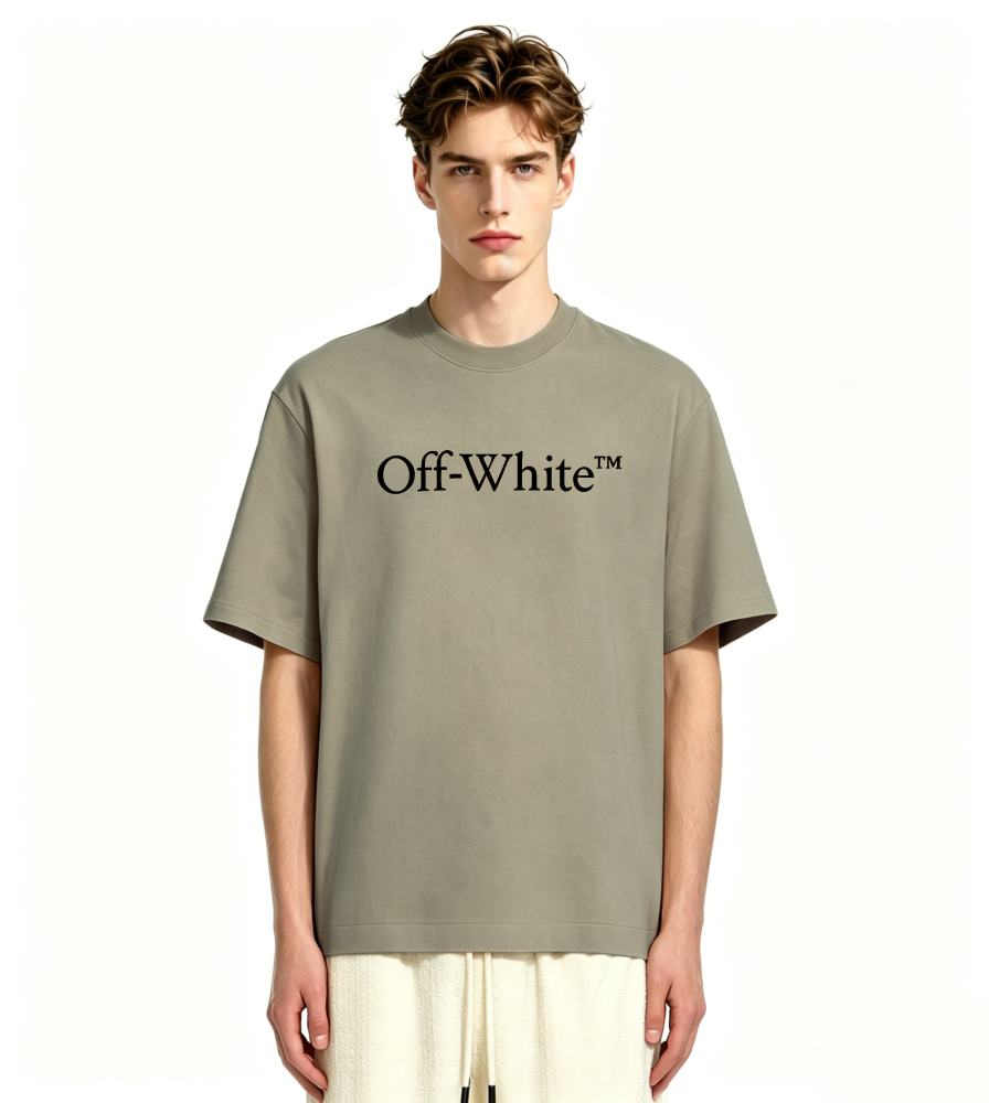 OFF-WHITE™ UV-Reactive Embroidered Back Print T-Shirt – Premium Cotton Streetwear Tee (White, Black & Light Olive Green)