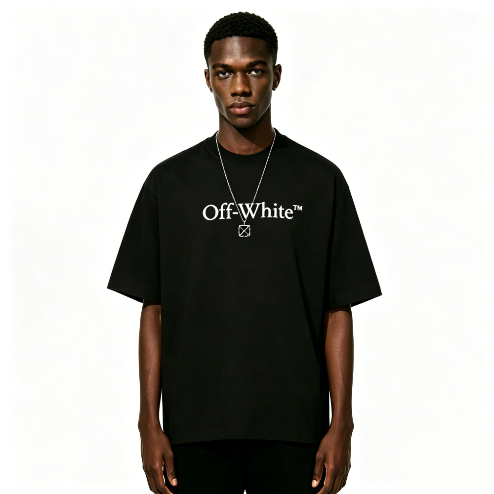 OFF-WHITE™ UV-Reactive Embroidered Back Print T-Shirt – Premium Cotton Streetwear Tee (White, Black & Light Olive Green)
