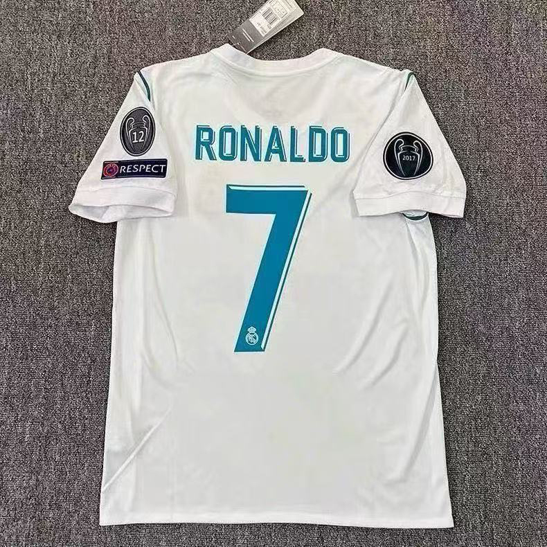 Real Madrid 2017-2018 season home jersey No. 7 Ronaldo printed with the Champions League badge