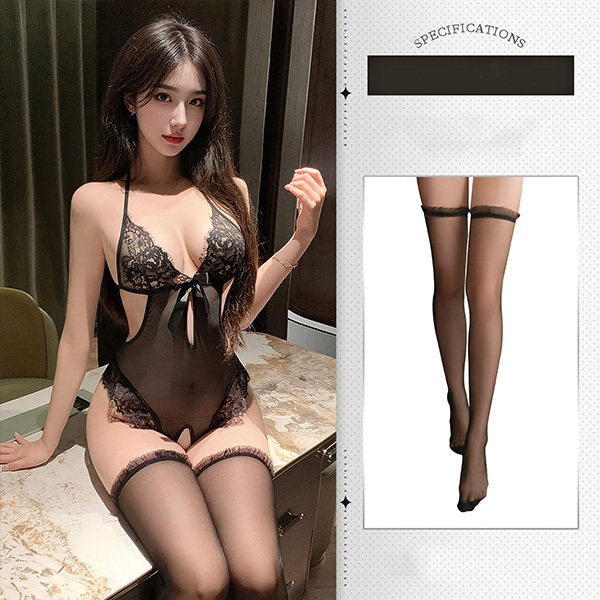 بذلة مثير من الدانتيل برقبة حبال وفتحة في منطقة العانة ملابس داخلية مثيرة للإثارة لا حاجة لخلع الملابس