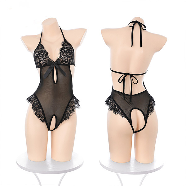 بذلة مثير من الدانتيل برقبة حبال وفتحة في منطقة العانة ملابس داخلية مثيرة للإثارة لا حاجة لخلع الملابس