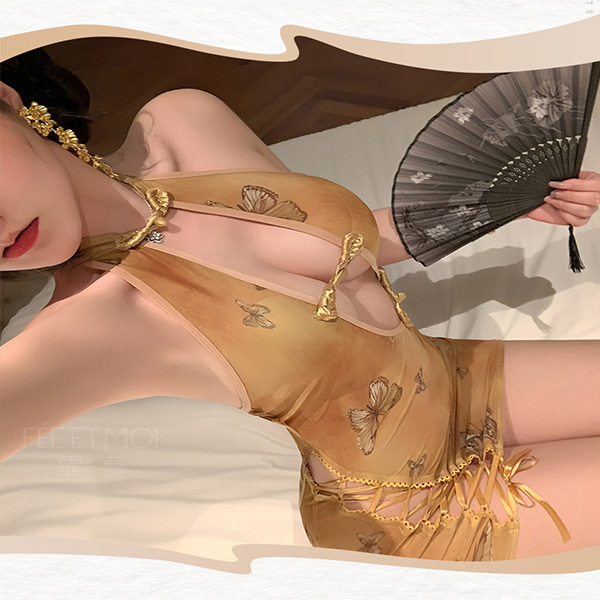 حلم الفراشة: فستان تشونغسام مزين بأربطة مستوحى من الطراز القديم، ملابس داخلية شفافة جذابة بظهر مكشوف