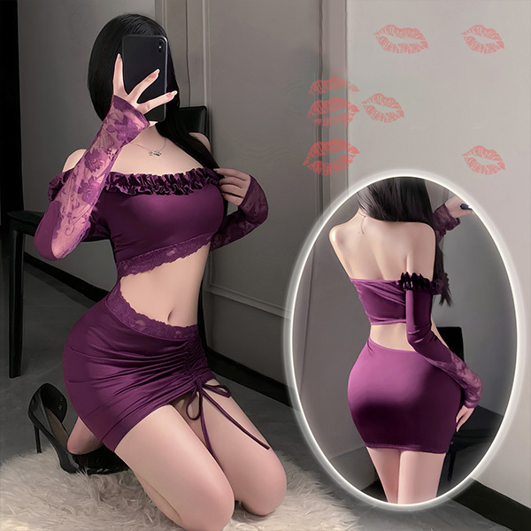 ملابس داخلية: فستان شبكي مغري من الدانتيل مع فتحات شفافة، إغراء شفاف، صدر مكشوف، زي موحد