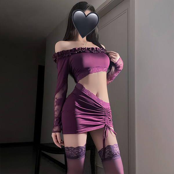 ملابس داخلية: فستان شبكي مغري من الدانتيل مع فتحات شفافة، إغراء شفاف، صدر مكشوف، زي موحد