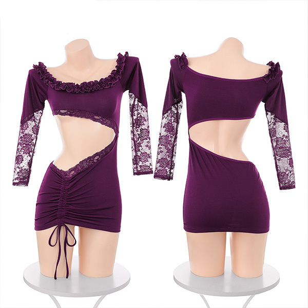 ملابس داخلية: فستان شبكي مغري من الدانتيل مع فتحات شفافة، إغراء شفاف، صدر مكشوف، زي موحد