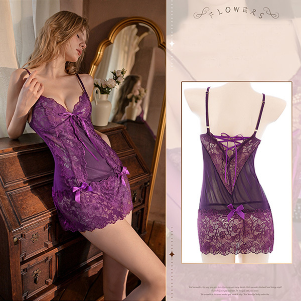 ملابس داخلية: قميص نوم مثير من الدانتيل برقبة على شكل V عميقة وشفاف ومثير للرغبة مع حمالات