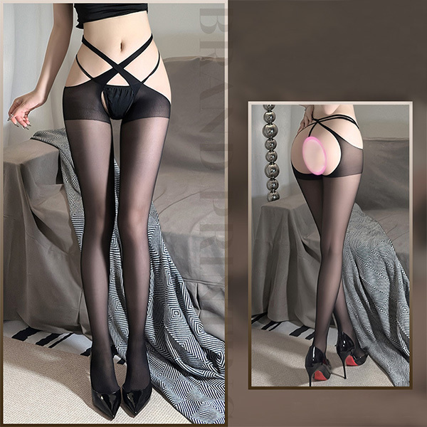 جوارب طويلة متعددة الأوجه بفتحة بين الساقين وملابس داخلية مثيرة ومؤخرة عارية لا يمكن إزالتها