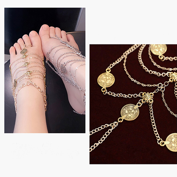 سلسلة كاحل حسية مستوحاة من الطراز القديم للسيدات مع شرابة للقدمين، سلسلة معدنية وحلقة كاحل أعلى القدم
