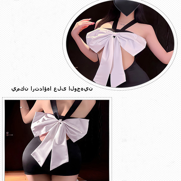 طقم ملابس داخلية قابل للانعكاس مع قميص شفاف مغري برباط كبير وتنورة ضيقة