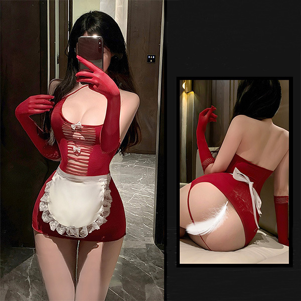 مجموعة شبكية للخادمة ذات المؤخرة العارية المثيرة والممزقة ملابس داخلية شفافة ومغرية