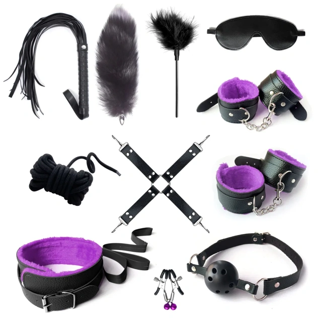 SM11 11-Piece Fox Tail Leather Bondage Set Handcuffs Cross Gag for BDSM & Sex Toys