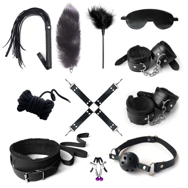 SM11 11-Piece Fox Tail Leather Bondage Set Handcuffs Cross Gag for BDSM & Sex Toys