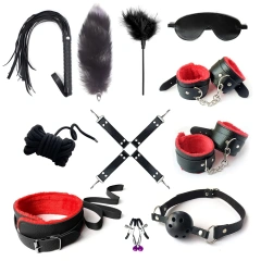 SM11 11-Piece Fox Tail Leather Bondage Set Handcuffs Cross Gag for BDSM & Sex Toys
