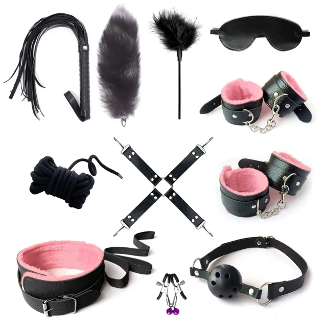 SM11 11-Piece Fox Tail Leather Bondage Set Handcuffs Cross Gag for BDSM & Sex Toys