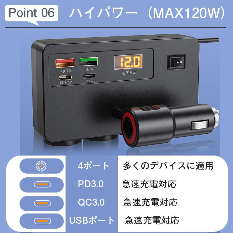 シガーソケット 増設 4連 カーチャージャー 充電 QC3.0 PD30W 固定用テープ付き 12V/24V 急速充電 拡張USB スマートフォン
