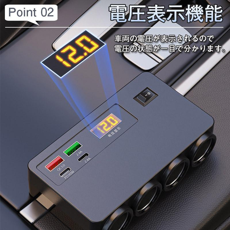 シガーソケット 増設 4連 カーチャージャー 充電 QC3.0 PD30W 固定用テープ付き 12V/24V 急速充電 拡張USB スマートフォン