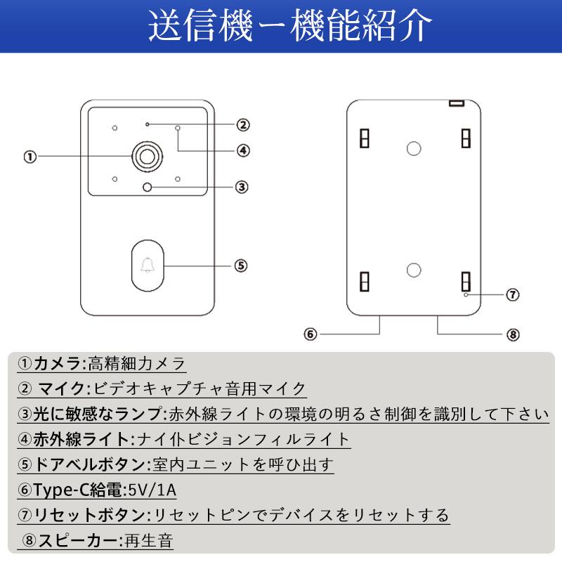 インターホン ワイヤレス テレビドアホン ドアベル ドアホン チャイム 録画機能 カメラ付き 工事不要 暗視 インターフォン 玄関 防犯カメラ 屋外 家庭用