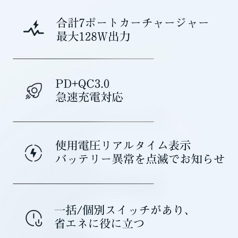 シガーソケット 3連 増設ソケット分配器 128W QC3.0急速充電 usbポート カーチャージャー 電源ソケット 7in1 12V/24V車兼用