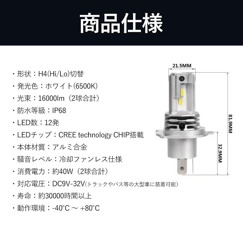 H4 ledバルブ LEDヘッドライト Hi/Lo切替 車/バイク用 16000lm DC12V/24V兼用 6500K 一体型 車検対応 明るい ヘッドライト 超高輝度 低消費