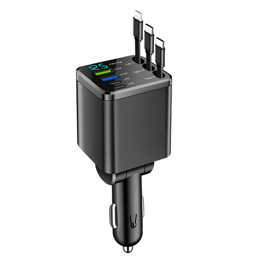 シガーソケット カーチャージャー 車載 充電ケーブル 充電器 7in1 リール式 スマホ充電 急速充電 シガーチャージャー 伸縮ケーブル USB充電