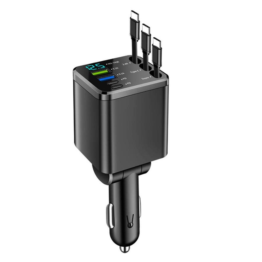 シガーソケット カーチャージャー 車載 充電ケーブル 充電器 7in1 リール式 スマホ充電 急速充電 シガーチャージャー 伸縮ケーブル USB充電