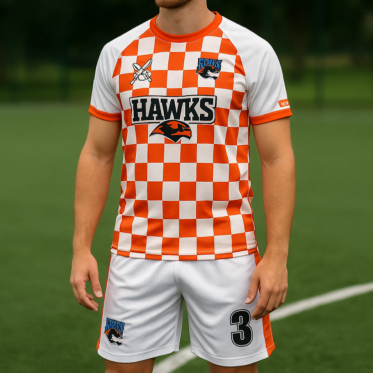 Custom Orange Checkered Men’s Soccer Jersey Set – Full Sublimation Printing