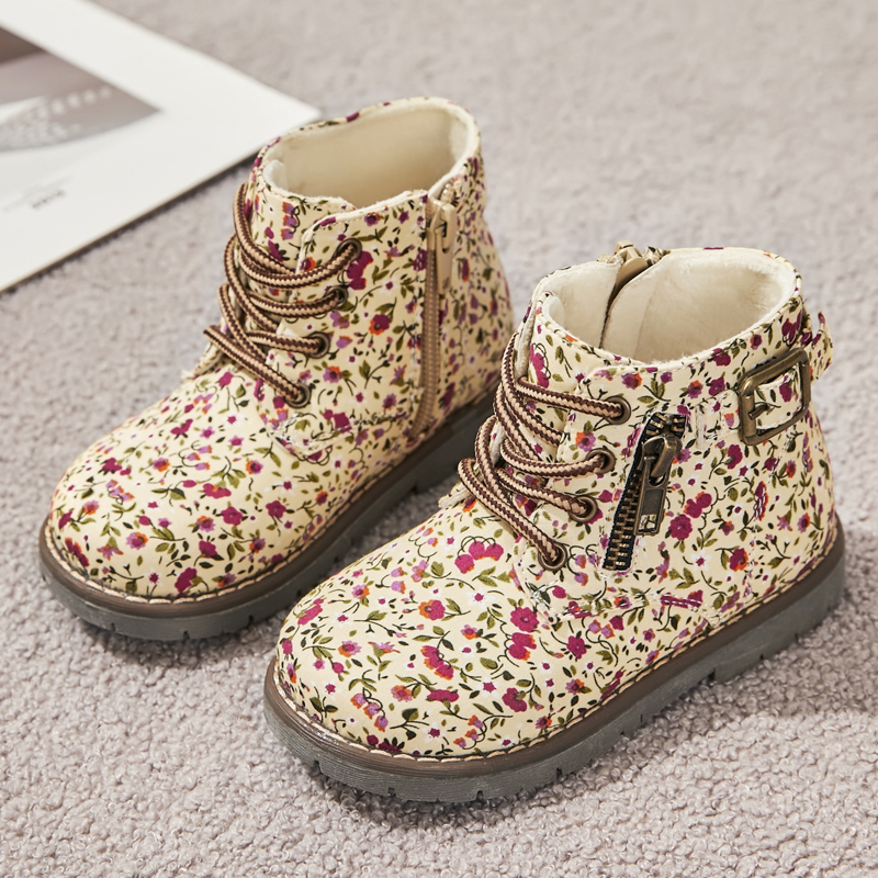 Zip up round toe kid girl flower printed ankle boots kids martin boots