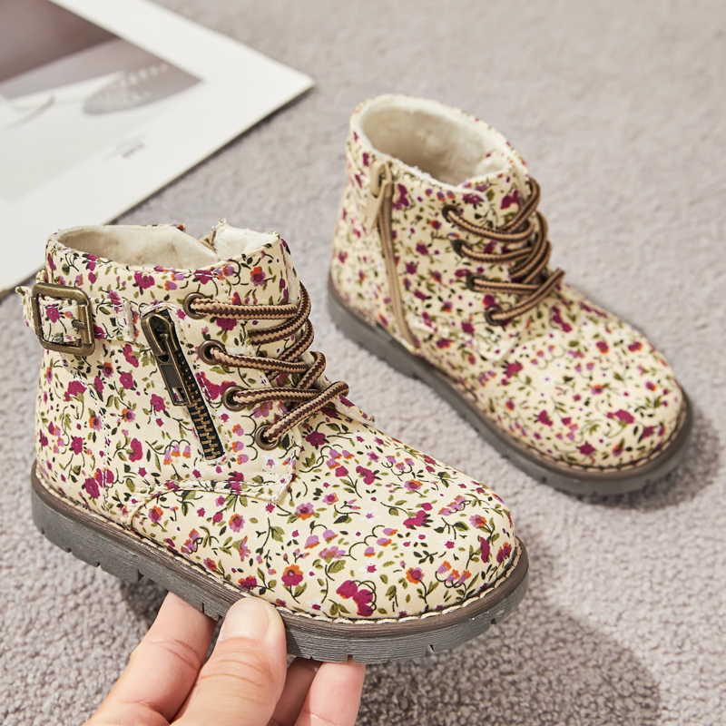 Zip up round toe kid girl flower printed ankle boots kids martin boots