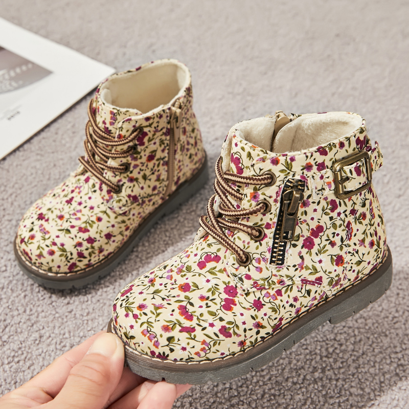 Zip up round toe kid girl flower printed ankle boots kids martin boots