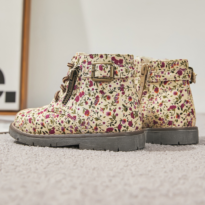 Zip up round toe kid girl flower printed ankle boots kids martin boots