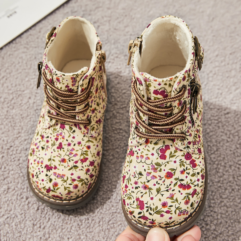 Zip up round toe kid girl flower printed ankle boots kids martin boots