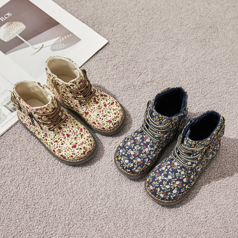 Zip up round toe kid girl flower printed ankle boots kids martin boots