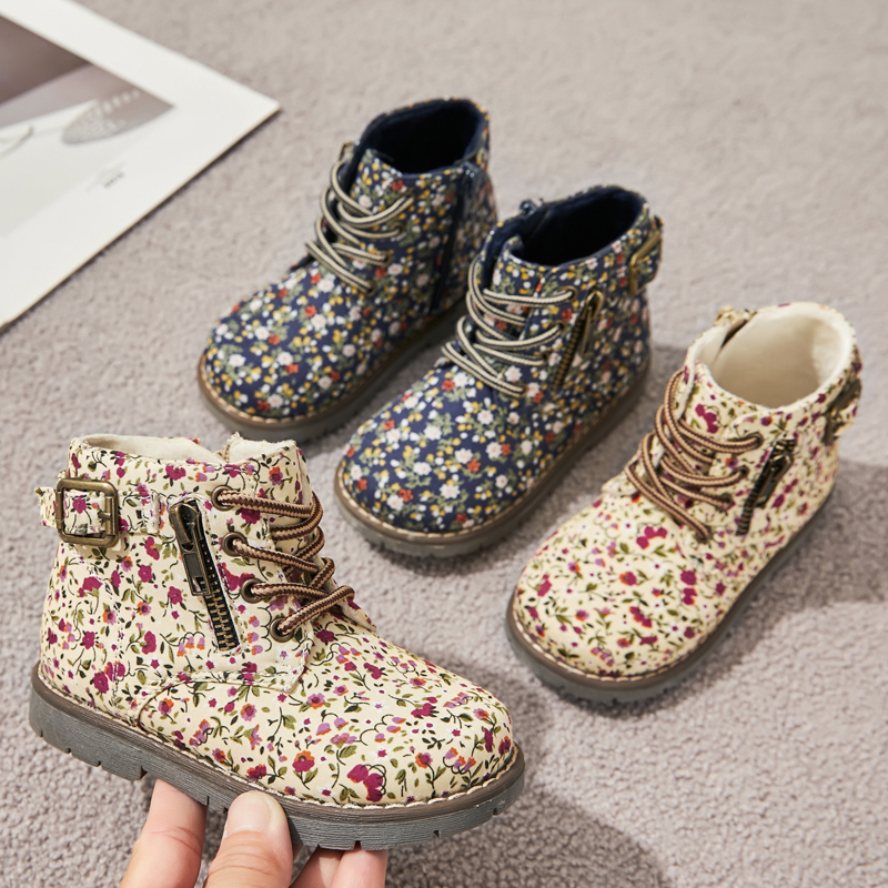Zip up round toe kid girl flower printed ankle boots kids martin boots