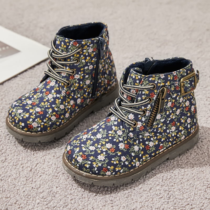 Zip up round toe kid girl flower printed ankle boots kids martin boots