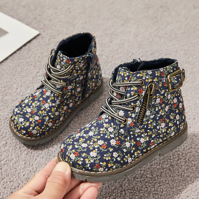 Zip up round toe kid girl flower printed ankle boots kids martin boots