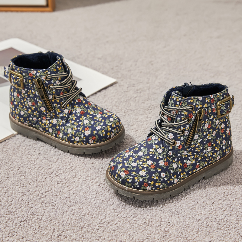 Zip up round toe kid girl flower printed ankle boots kids martin boots